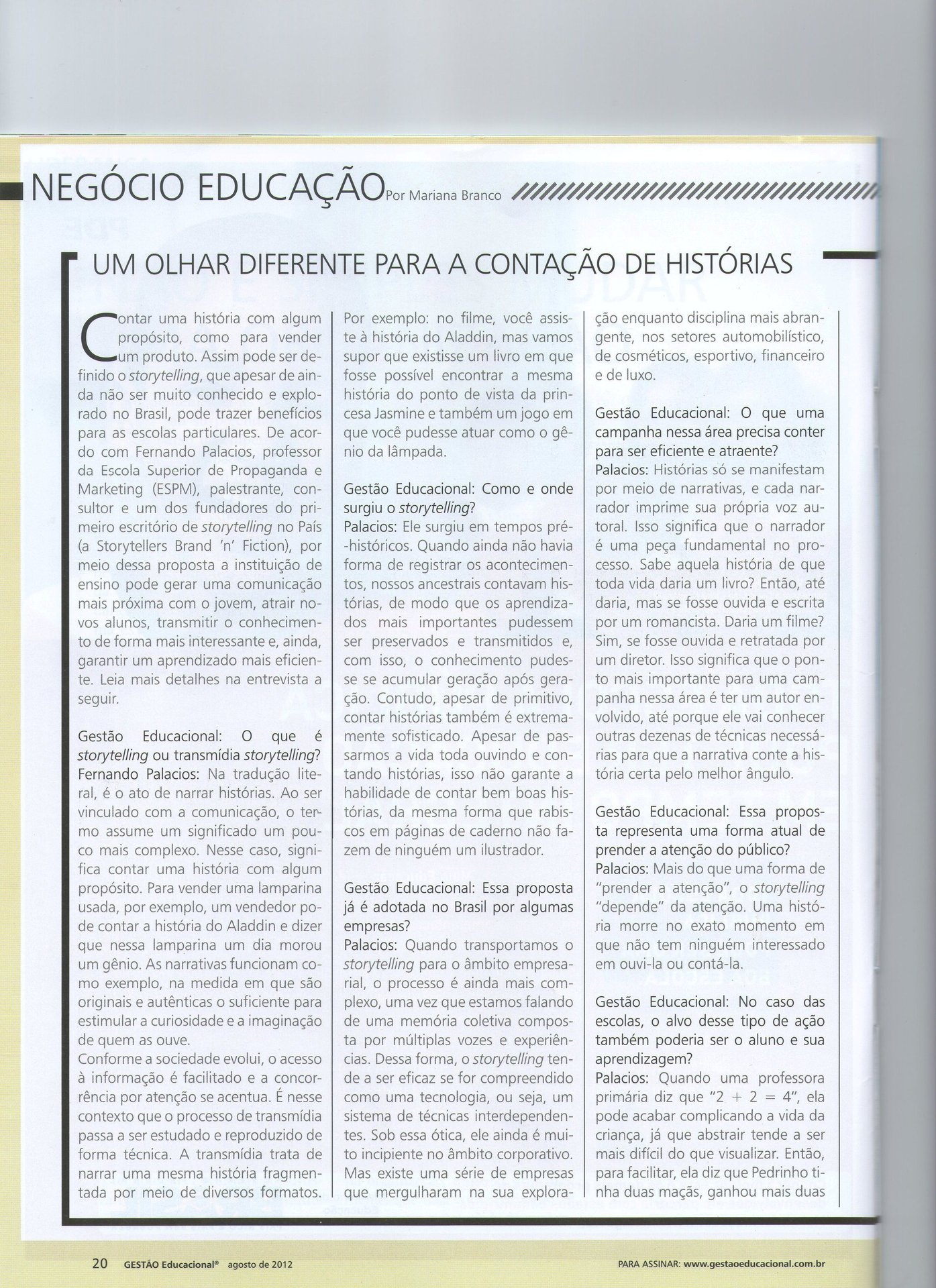 Página de revista com entrevista em três colunas sob o título Um olhar diferente para a contação de histórias