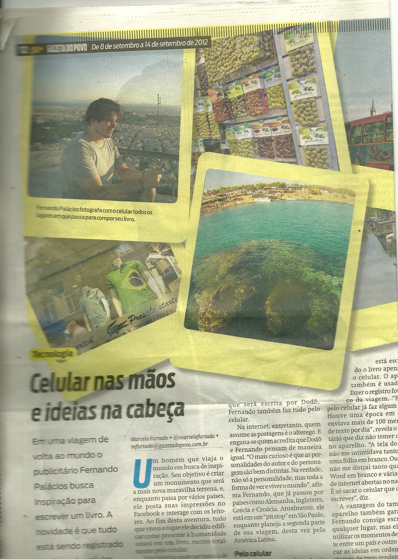 Página de jornal amarelada com fotos de viagem e manchete sobre celular e ideias