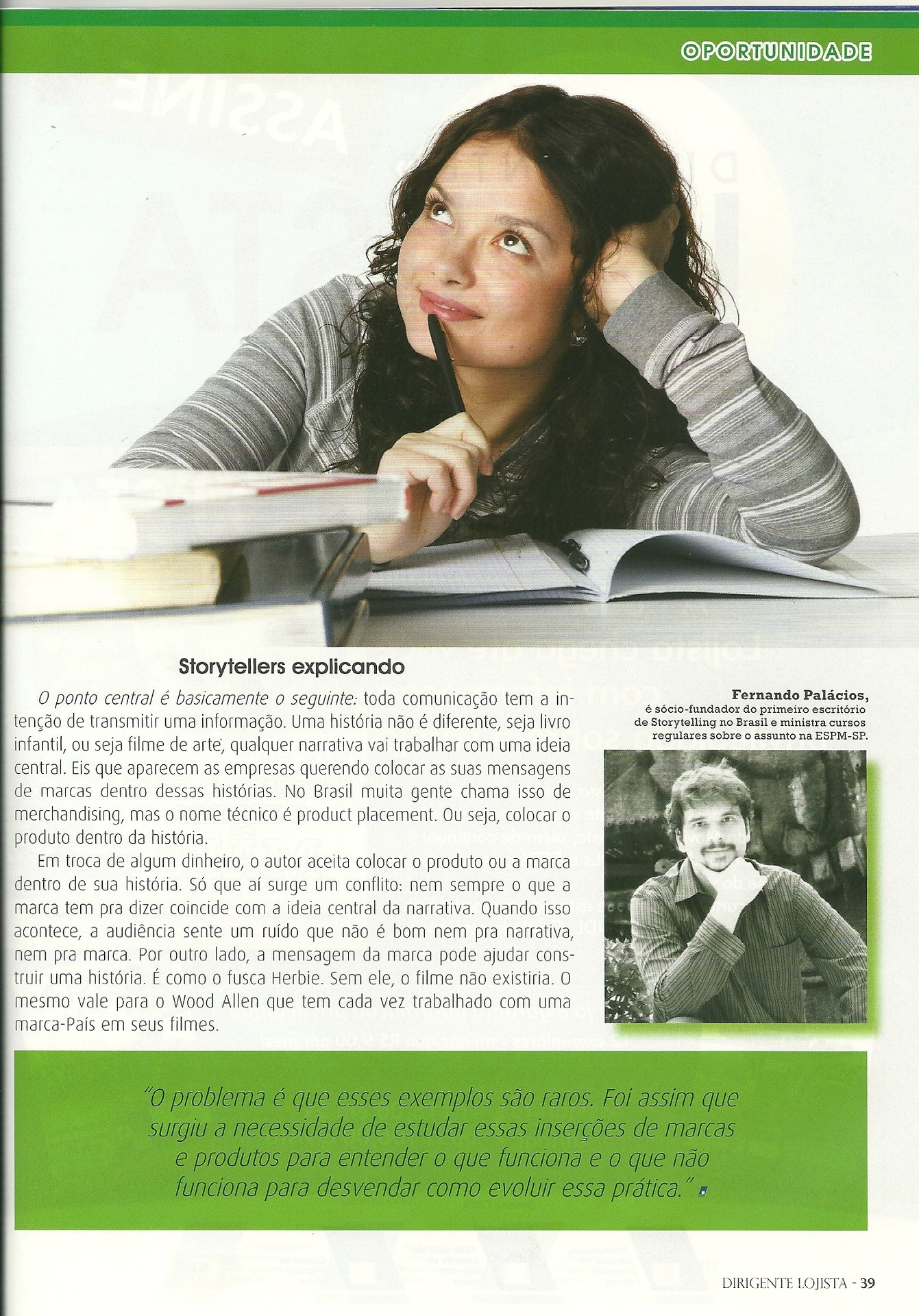 Página de revista de varejo com box de crédito e retrato do autor convidado
